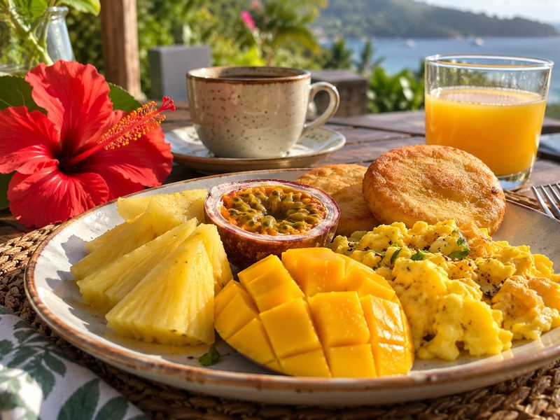 Breakfast plate with mango, pineapple and eggs
