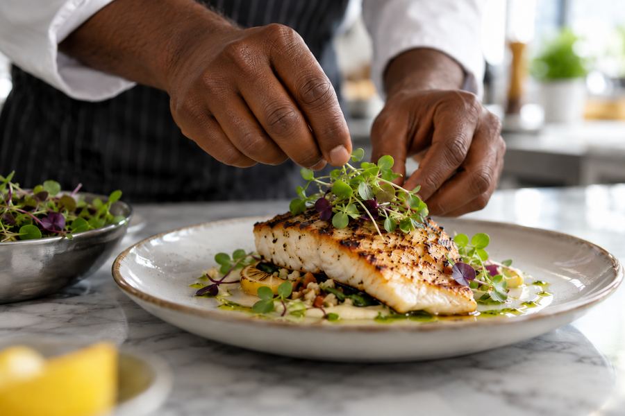 Chef plating grilled fish