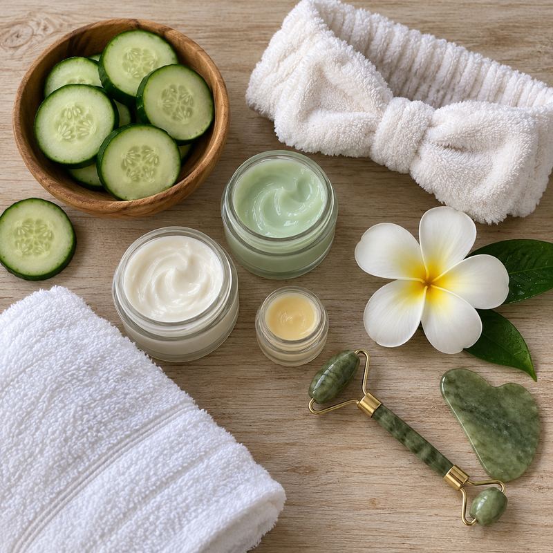Facial creams, cucumber slices and a plumeria