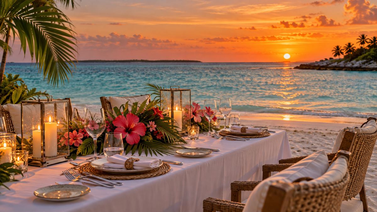 Dinner table set on the beach at sunset with hibiscus and candles