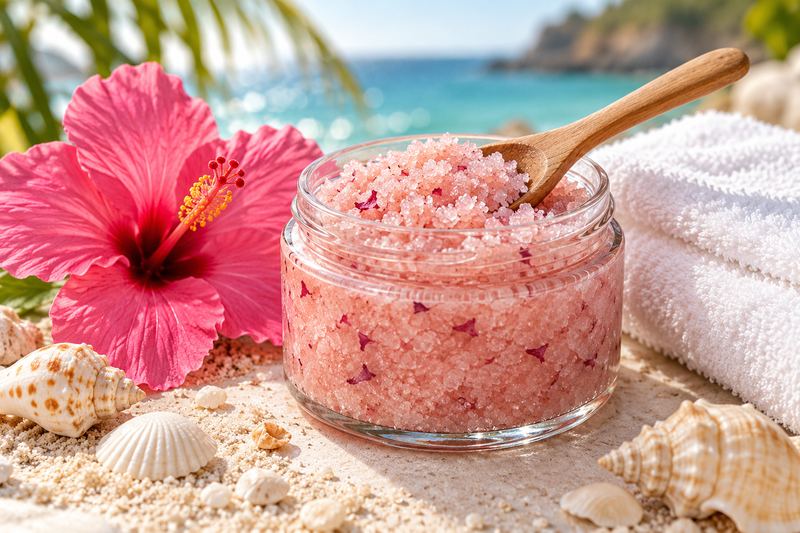Jar of pink sea salt body scrub
