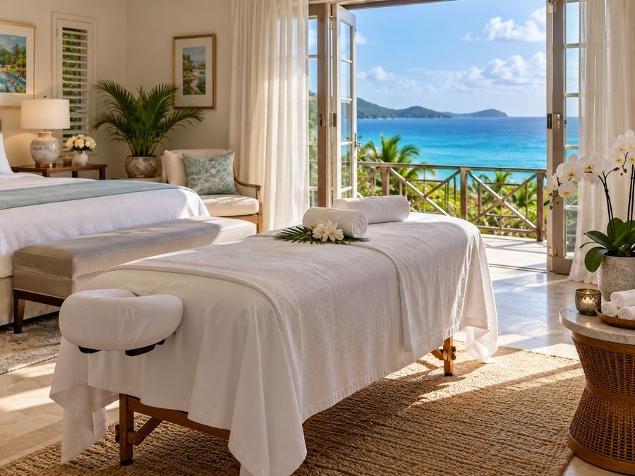 Massage table set up in a villa bedroom with an ocean view