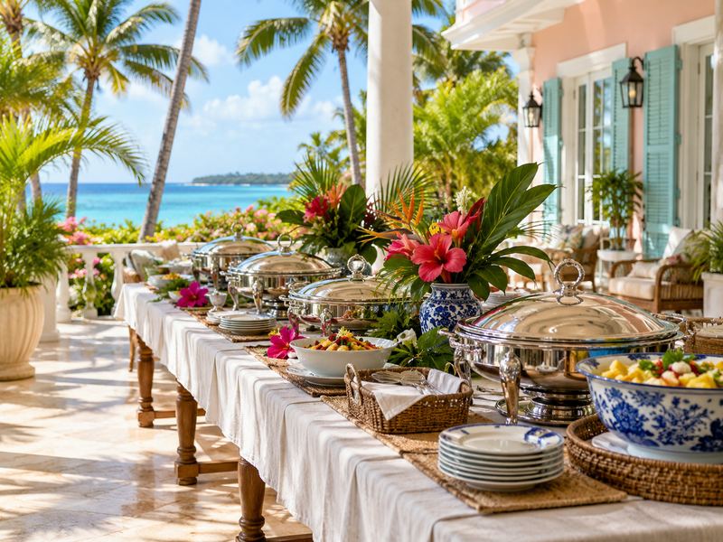 Buffet table on a pastel villa patio
