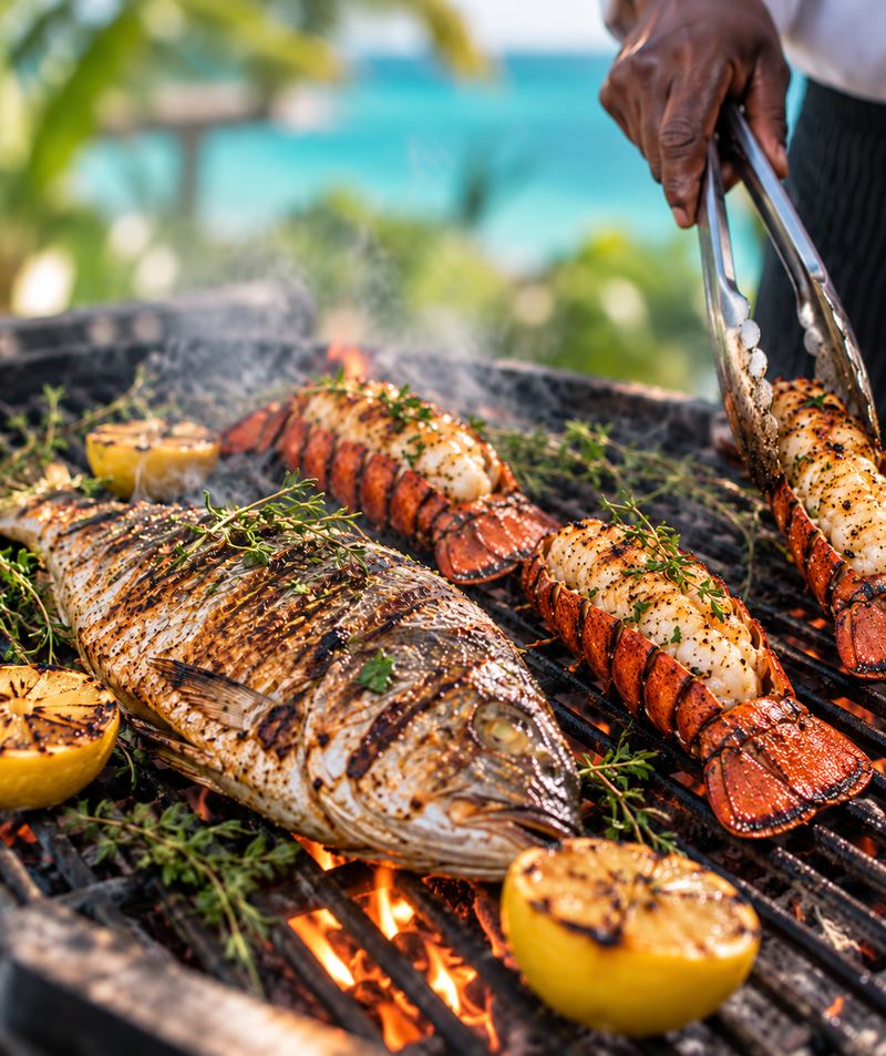 Whole fish and lobster tails on the grill