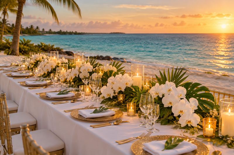 Wedding reception table on the beach with white orchids and candles