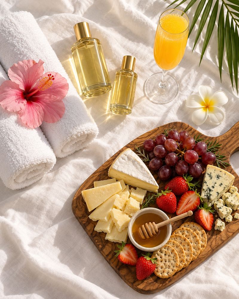 Rolled towels, massage oil, charcuterie board and a mimosa