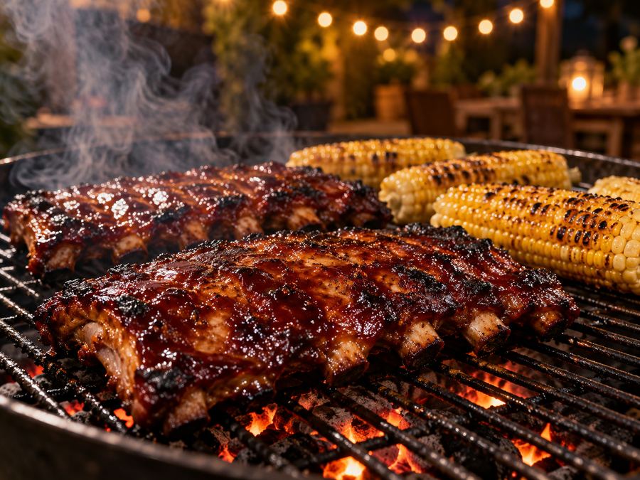 Barbecue ribs and corn on the grill under string lights