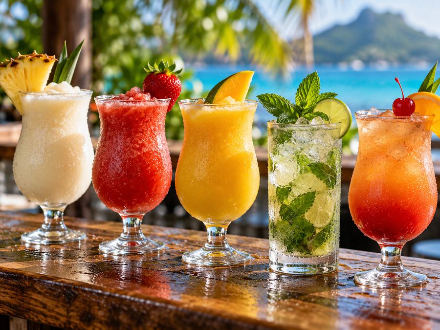 Pina colada, daiquiris, mojito and rum punch lined up on a bar