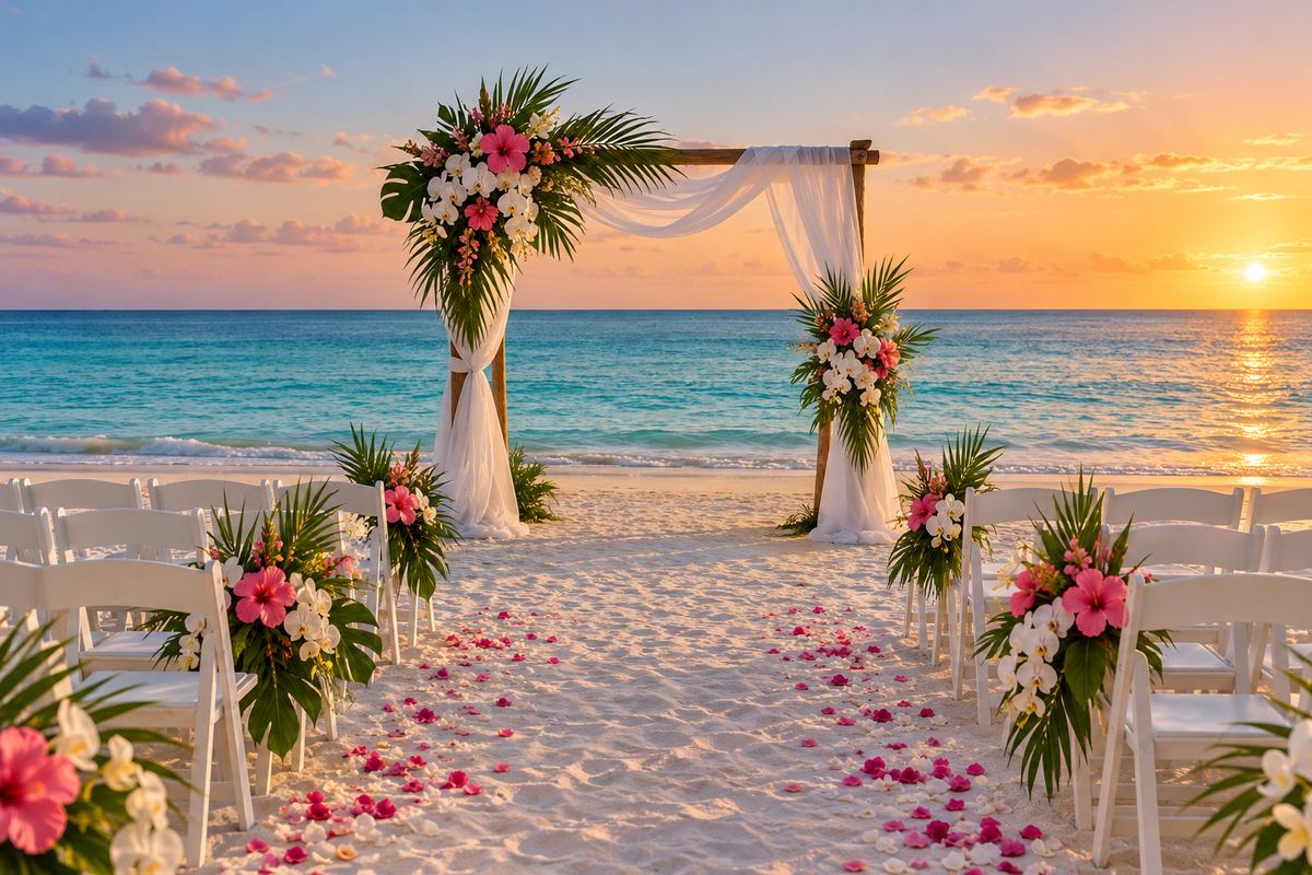 Beach wedding arch with tropical flowers and white chairs at sunset